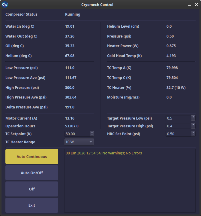 Cryomech Control main window
